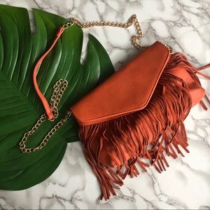 Moda Luxe Orange Fringe Crossbody Chain Bag